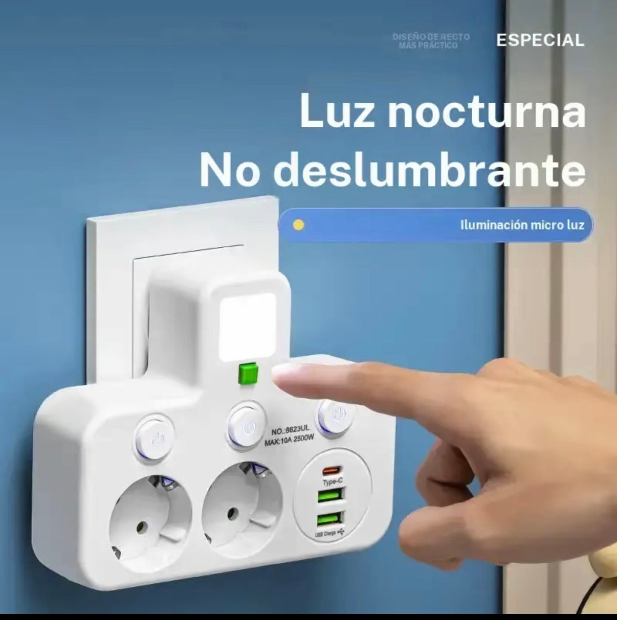 Enchufe de potencia europeo con USB y USB-C