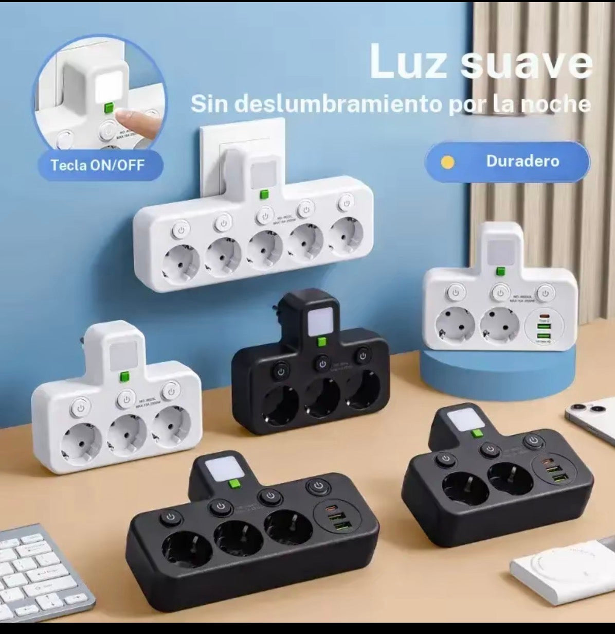 Enchufe de potencia europeo con USB y USB-C